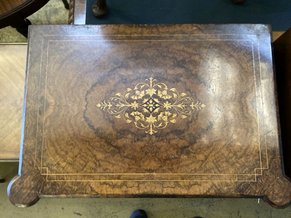 A Victorian marquetry inlaid figured walnut music cabinet, width 63cm, depth 42cm, height 84cm